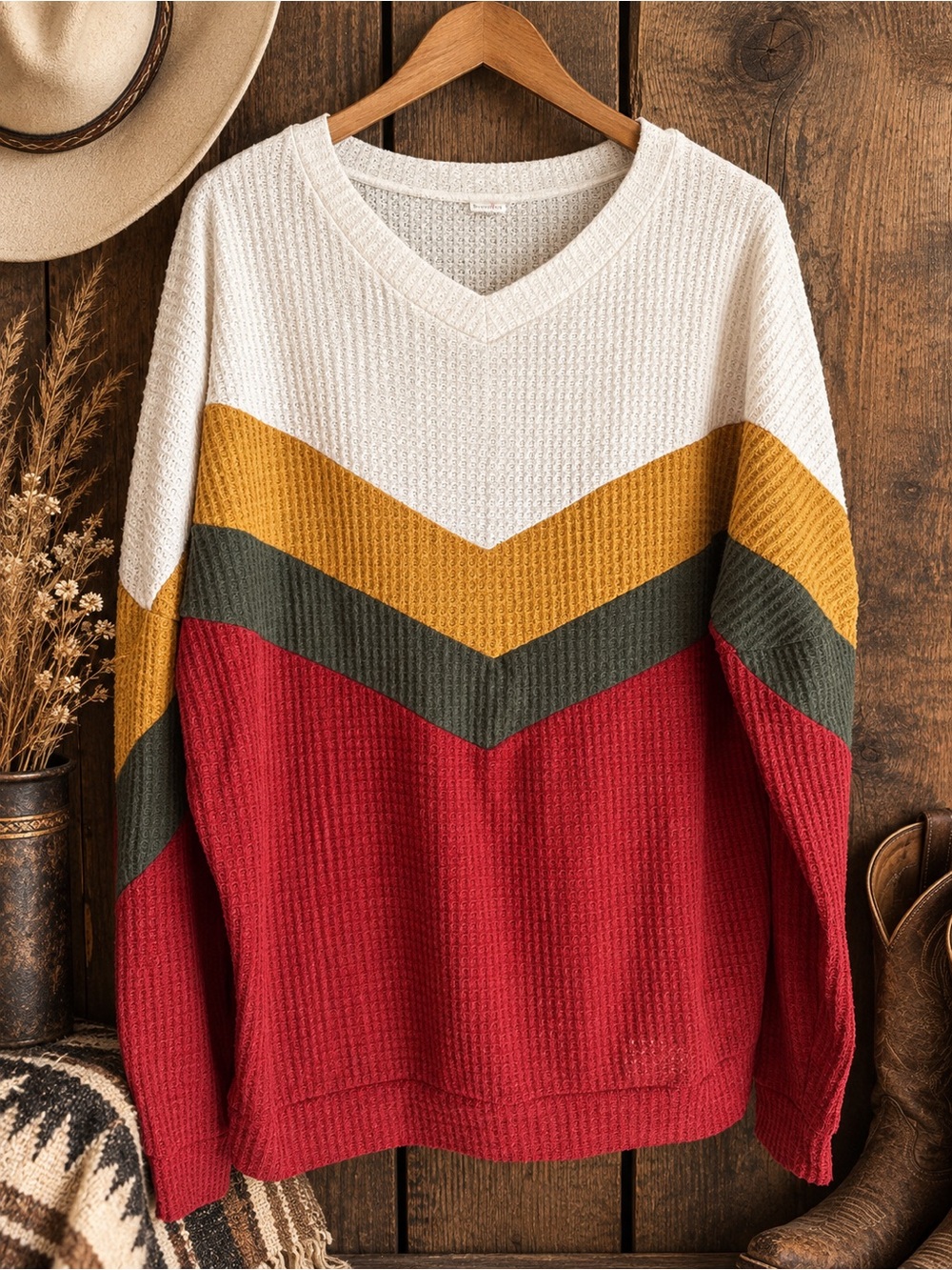 V-Neck Colorblock Sweater in White, Mustard, Olive & Red